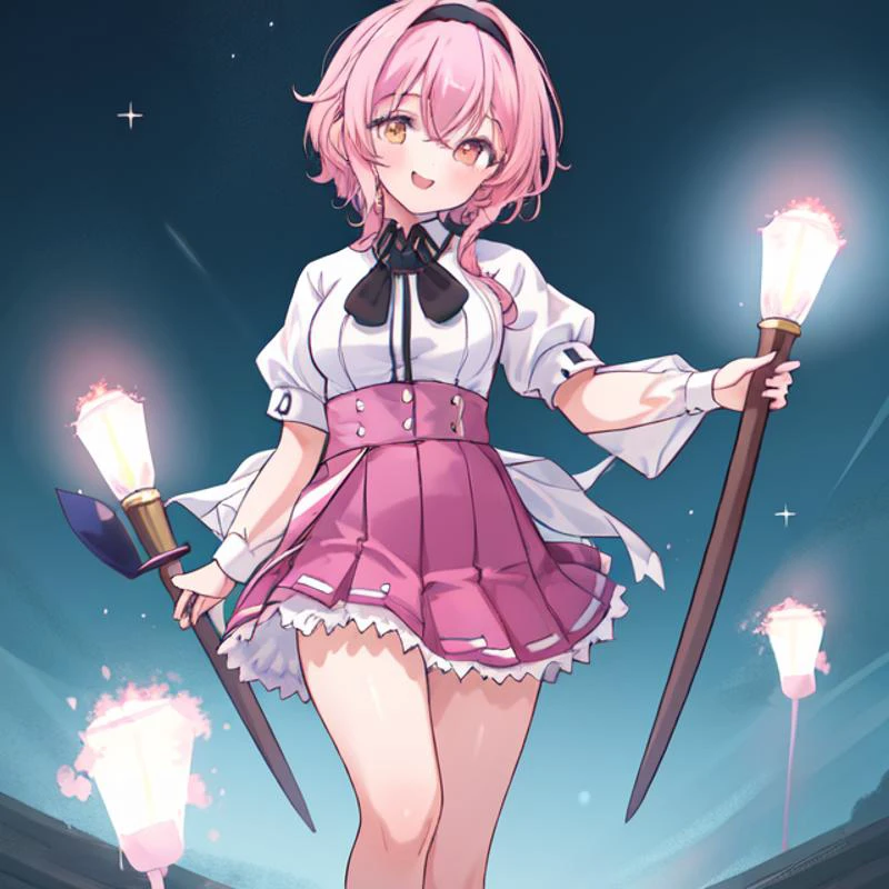 masterpiece,best quality, (Highest picture quality), (Master's work), (Detailed eye description), (8K wallpaper),(Detailed face description),
extremely detailed, perfect lighting,highres,ray tracing,detail body
BREAK
(1girl:1.4), :d, (gold_eyes:1.3), collared_shirt, full_body, long_sleeves, looking_at_viewer, shirt, skirt, short_hair, braid, smile, shinai, white_shirt, (pink_hair:1.2), hair down, hairband, kendo_class, hair_band, school uniform, skirt, purple skirt, puffy short sleeves,white shirt, closed mouth, <lora:KuohAcademyUniformV2:1>, KuohAcademyUniform