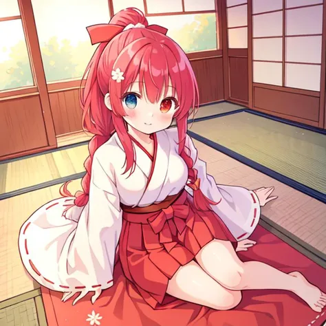 beautiful illustration, best quality, cute girl, japanese room, tatami, miko, red hakama, straight hair, heterochromia, braided ponytail,