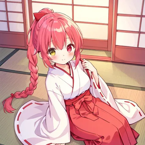 beautiful illustration, best quality, cute girl, japanese room, tatami, miko, red hakama, straight hair, heterochromia, braided ponytail,