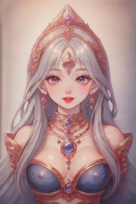 (masterpiece:1.5), (((top quality, best quality, high quality))), ((intricately detailed, ultra-detailed, insanely detailed)), highres, 32K, extremely detailed unity CG 8K wallpaper, (beautiful and aesthetic:1.2), (depth of field:1.3), (immaculate:1.4), (delicate detailed depiction:1.4), (professional photography:1.3),
((brilliant full lighting, luscious colors)),  (elegant natural posture:1.3),
(upper body:1.3), ((close-up illustration of a beautiful woman)),
(1milf:1.5), (mature female:1.4), (((princess))),
beautiful gorgeous face, [(detailed face:1.2):0.2], bright big eyes, pureerosface_v1, (closed-lips smile:1.5), (red lips:1.4), (full lips:1.4), (curly short hair with long locks:1.4),
attractive flawless body, (((pronounced feminine curves))), bright glistening skin, realistic skin, skin pores, (((toned belly, detailed navel, groin:1.3))), narrow waist,
<dhevv:at-style:s>,  <lora:Dhevv-AncientTotemStyleSilver:1>, (gems-adorned gauntlets:1.4), (detached collar:1.3), (fabrication glitters:1.5), (luxury intricate clothing jewelries:1.4), (embroidered jewelries:1.4), (clothing sparkles:1.4), (sparkling particles:1.3), (((low front seam))), ((earrings, hairclip, hair ornaments, armlets, tiara:1.2)),
(walking in a spacious hallway made of gold and gems:1.5), (((grand castle))), (posh:1.5), (surreal breathtaking scenery:1.5),  (miraculous magnificent landscape:1.5), (intricate complex background:1.5), (((thick fog all over the place, blurry vague scenery))), (bright brilliant backlighting:1.3),  <lora:fashigirl-v5.5-lora-naivae-64dim:0.6>, <lora:hifi_v10:2.5>,