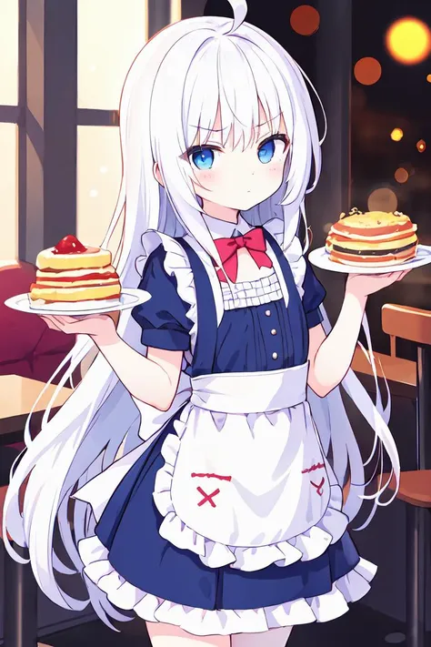 beautiful illustration, best quality, cute girl, waitress, apron dress, (angly:0.9), blue eyes, thigh, mini skirt frilled, white hair, absurdly long hair, pale skin, ahoge, flat chest, looking at viewer, indoors, dust particles, bokeh, holding plate,