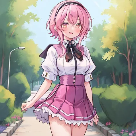 masterpiece,best quality, (Highest picture quality), (Master's work), (Detailed eye description), (8K wallpaper),(Detailed face description),
extremely detailed, perfect lighting,highres,ray tracing,detail body
BREAK
(1girl:1.4), :d, (gold_eyes:1.3), collared_shirt, full_body, long_sleeves, looking_at_viewer, shirt, skirt, short_hair, braid, smile, shinai, white_shirt, (pink_hair:1.2), hair down, hairband, kendo_class, hair_band, school uniform, skirt, purple skirt, puffy short sleeves,white shirt, closed mouth, <lora:KuohAcademyUniformV2:1>, KuohAcademyUniform