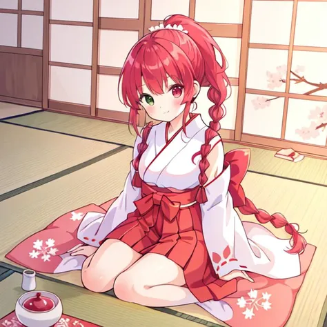 beautiful illustration, best quality, cute girl, japanese room, tatami, miko, red hakama, straight hair, heterochromia, braided ponytail,