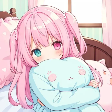 beautiful illustration, best quality, cute girl, bedroom, hugging pillow, pink hair, two side up, sleepy, heterochromia,