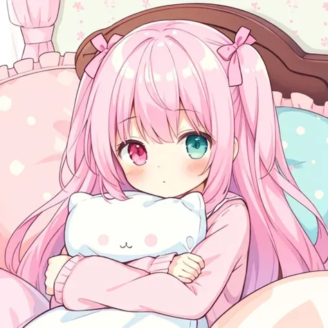 beautiful illustration, best quality, cute girl, bedroom, hugging pillow, pink hair, two side up, sleepy, heterochromia,