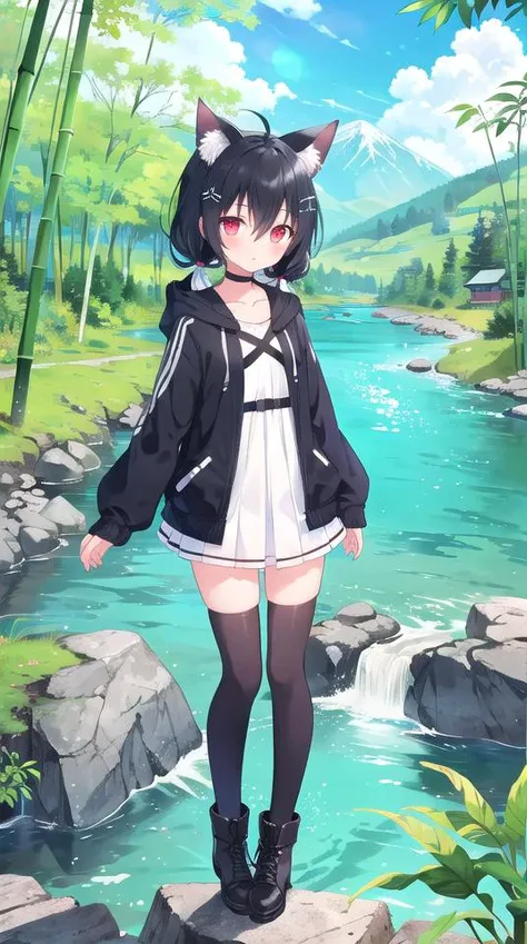 1girl, flat chest, short hair, black hair, ahoge, messy hair, payot, twintails, short twintails, animal ears, animal ear fluff, bat ears, bangs, hair between eyes, bat hair ornament, expressionless, empty eyes, red eyes, glowing eyes, white dress, short dress, pleated skirt, hooded jacket, black jacket, open jacket, open clothes, black hood, hood down, long sleeves, wide sleeves, sleeves past wrists, sleeves past fingers, black thighhighs, zettai ryouiki, boots, black footwear, mountain, river, water, grass, tree, bush, cloud, sky, nature, outdoors, shore, bamboo, rainbow, mist, forest, horizon, bamboo forest, azure water, rushing water, boulders, eddy, swift current, braided river, gorges, sandbar, verdant greens, blue sky, yarlung zangbo river, tibet, masterpiece, best quality, official art, extremely detailed CG unity 8k wallpaper, artbook, yuzu-soft, kobuichi, muririn,