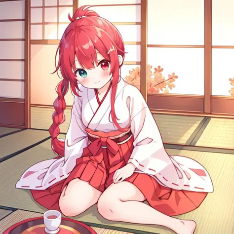 beautiful illustration, best quality, cute girl, japanese room, tatami, miko, red hakama, straight hair, heterochromia, braided ponytail,