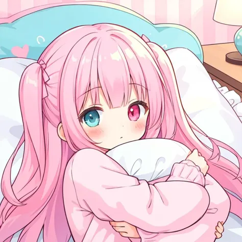 beautiful illustration, best quality, cute girl, bedroom, hugging pillow, pink hair, two side up, sleepy, heterochromia,