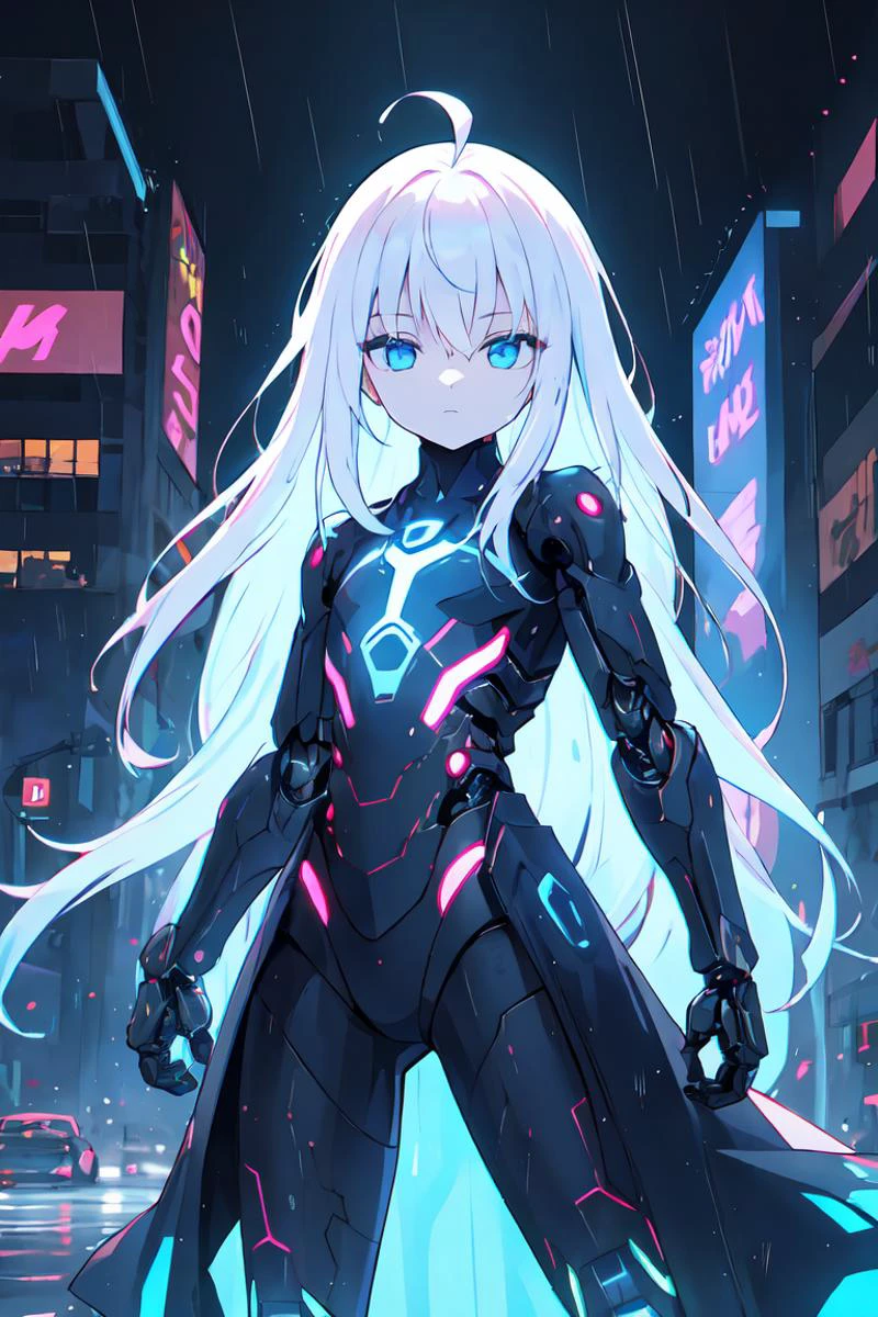 beautiful illustration, best quality, solo, cute girl, blue eyes, white hair, absurdly long hair, pale skin, ahoge, flat chest, expressionless, cyberpunk city, night, dark, neon light, rtx, reflections, rain, jacket, pants, looking at viewer, wet hair, wet clothes, half-closed eyes, glow, armored, cybernetic, robot, mecha, movie poster, fighting stance, blue energy, blue electricity, <lora:r1ge - AnimeRage:0.3>, (coat:1.1)