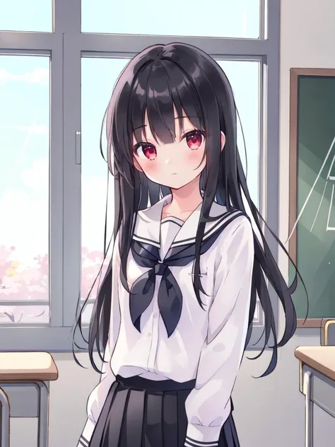 ,(masterpiece),(highres),(high quality),
,(cute girl:1.2),(solo),(skinny), (petite),
,(black hair:1.3),(red eyes),(long hair:1.2),
,(school uniform),(white shirt),(black skirt),
,(school),(classroom),(sakura),
,(looking at viewer),