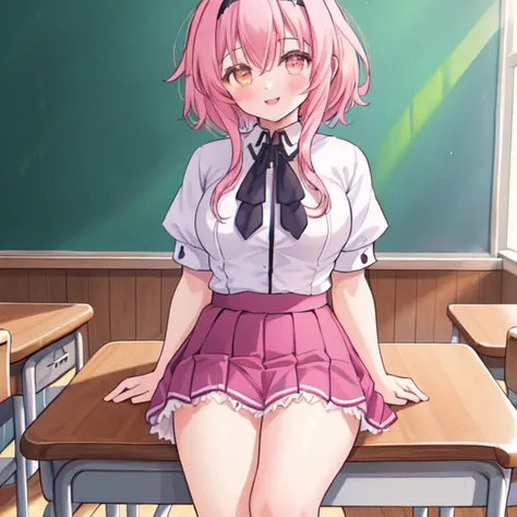 masterpiece,best quality, (Highest picture quality), (Master's work), (Detailed eye description), (8K wallpaper),(Detailed face description),
extremely detailed, perfect lighting,highres,ray tracing,detail body
BREAK
(1girl:1.4), :d, (gold_eyes:1.3), collared_shirt, full_body, long_sleeves, looking_at_viewer, shirt, skirt, short_hair, braid, smile, shinai, white_shirt, (pink_hair:1.2), hair down, hairband, kendo_class, hair_band, school uniform, skirt, purple skirt, puffy short sleeves,white shirt, classroom, desks, chair, sitting behind desk, closed mouth, <lora:KuohAcademyUniformV2:1>, KuohAcademyUniform