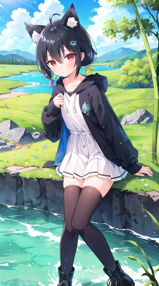 1girl, flat chest, short hair, black hair, ahoge, messy hair, payot, twintails, short twintails, animal ears, animal ear fluff, bat ears, bangs, hair between eyes, bat hair ornament, expressionless, empty eyes, red eyes, glowing eyes, white dress, short dress, pleated skirt, hooded jacket, black jacket, open jacket, open clothes, black hood, hood down, long sleeves, wide sleeves, sleeves past wrists, sleeves past fingers, black thighhighs, zettai ryouiki, boots, black footwear, mountain, river, water, grass, tree, bush, cloud, sky, nature, outdoors, shore, bamboo, rainbow, mist, forest, horizon, bamboo forest, azure water, rushing water, boulders, eddy, swift current, braided river, gorges, sandbar, verdant greens, blue sky, yarlung zangbo river, tibet, masterpiece, best quality, official art, extremely detailed CG unity 8k wallpaper, artbook, yuzu-soft, kobuichi, muririn,