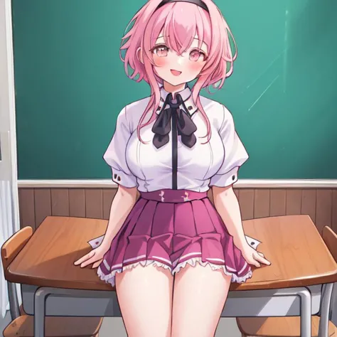 masterpiece,best quality, (Highest picture quality), (Master's work), (Detailed eye description), (8K wallpaper),(Detailed face description),
extremely detailed, perfect lighting,highres,ray tracing,detail body
BREAK
(1girl:1.4), :d, (gold_eyes:1.3), collared_shirt, full_body, long_sleeves, looking_at_viewer, shirt, skirt, short_hair, braid, smile, shinai, white_shirt, (pink_hair:1.2), hair down, hairband, kendo_class, hair_band, school uniform, skirt, purple skirt, puffy short sleeves,white shirt, classroom, desks, chair, sitting behind desk, closed mouth, <lora:KuohAcademyUniformV2:1>, KuohAcademyUniform