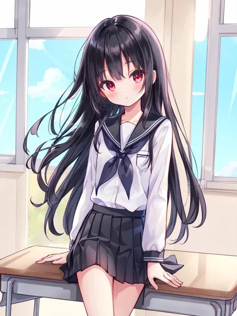 ,(masterpiece),(highres),(high quality),
,(cute girl:1.2),(solo),(skinny), (petite:1.4),
,(black hair:1.3),(red eyes),(long hair:1.2),
,(school uniform),(white shirt),(black skirt),
,(school),(classroom),(sakura),
,(looking at viewer),
,<lora:Detail Tweaker:0.5>,