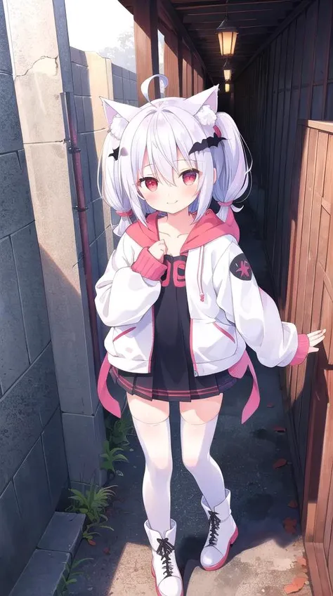 1girl, flat chest, short hair, white hair, ahoge, messy hair, payot, twintails, short twintails, animal ears, animal ear fluff, bat ears, bangs, hair between eyes, bat hair ornament, seductive smile, empty eyes, red eyes, glowing eyes, black dress, short dress, pleated skirt, hooded jacket, white jacket, open jacket, open clothes, white hood, hood down, long sleeves, wide sleeves, sleeves past wrists, sleeves past fingers, white thighhighs, zettai ryouiki, boots, white footwear, beam, bricks, damp, darkness, detritus, dim light, dirt, rust, shadow, stone, tunnel, wooden beam, mine cave, masterpiece, best quality, official art, extremely detailed CG unity 8k wallpaper, artbook, yuzu-soft, kobuichi, muririn,