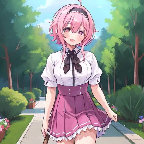masterpiece,best quality, (Highest picture quality), (Master's work), (Detailed eye description), (8K wallpaper),(Detailed face description),
extremely detailed, perfect lighting,highres,ray tracing,detail body
BREAK
(1girl:1.4), :d, (gold_eyes:1.3), collared_shirt, full_body, long_sleeves, looking_at_viewer, shirt, skirt, short_hair, braid, smile, shinai, white_shirt, (pink_hair:1.2), hair down, hairband, kendo_class, hair_band, school uniform, skirt, purple skirt, puffy short sleeves,white shirt, closed mouth, <lora:KuohAcademyUniformV2:1>, KuohAcademyUniform