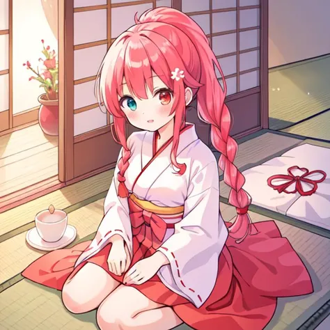 beautiful illustration, best quality, cute girl, japanese room, tatami, miko, red hakama, straight hair, heterochromia, braided ponytail,