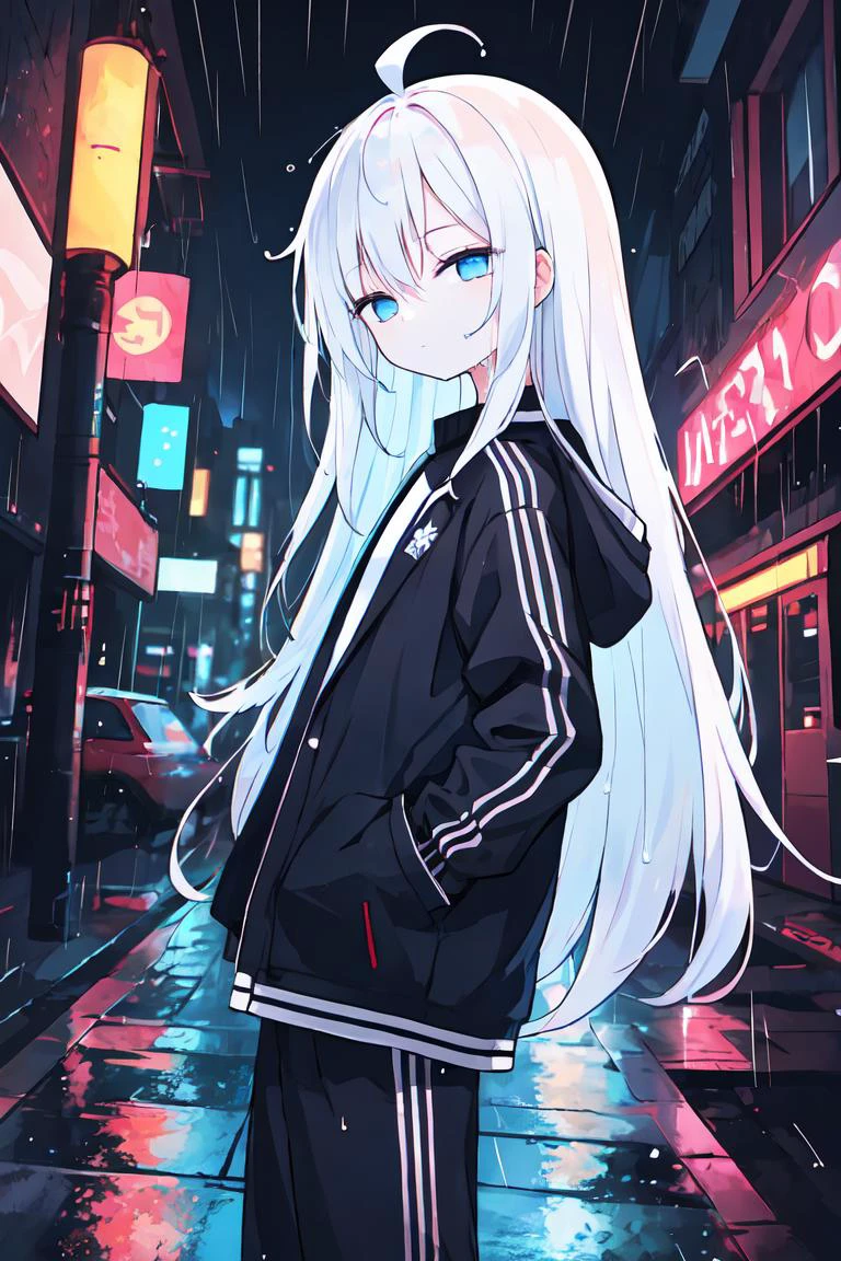 beautiful illustration, best quality, solo, cute girl, blue eyes, white hair, absurdly long hair, pale skin, ahoge, flat chest, expressionless, cyberpunk city, night, dark, neon light, rtx, reflections, rain, jacket, pants, from side, looking at viewer, head tilt, wet hair, wet clothes, hands in pockets, half-closed eyes,
