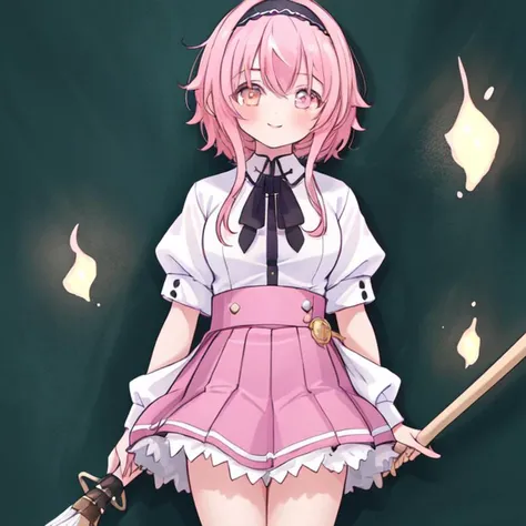 masterpiece,best quality, (Highest picture quality), (Master's work), (Detailed eye description), (8K wallpaper),(Detailed face description),
extremely detailed, perfect lighting,highres,ray tracing,detail body
BREAK
(1girl:1.4), :d, (gold_eyes:1.3), collared_shirt, full_body, long_sleeves, looking_at_viewer, shirt, skirt, short_hair, braid, smile, shinai, white_shirt, (pink_hair:1.2), hair down, hairband, kendo_class, hair_band, school uniform, skirt, purple skirt, puffy short sleeves,white shirt, closed mouth, <lora:KuohAcademyUniformV2:1>, KuohAcademyUniform