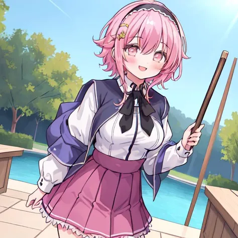 masterpiece,best quality, (Highest picture quality), (Master's work), (Detailed eye description), (8K wallpaper),(Detailed face description),
extremely detailed, perfect lighting,highres,ray tracing,detail body
BREAK
(1girl:1.4), :d, (gold_eyes:1.3), collared_shirt, full_body, long_sleeves, looking_at_viewer, shirt, skirt, short_hair, braid, smile, shinai, white_shirt, (pink_hair:1.2), hair down, hairband, kendo_class, hair_band, school uniform, skirt, purple skirt, puffy short sleeves,white shirt, closed mouth, <lora:KuohAcademyUniformV2:1>, KuohAcademyUniform