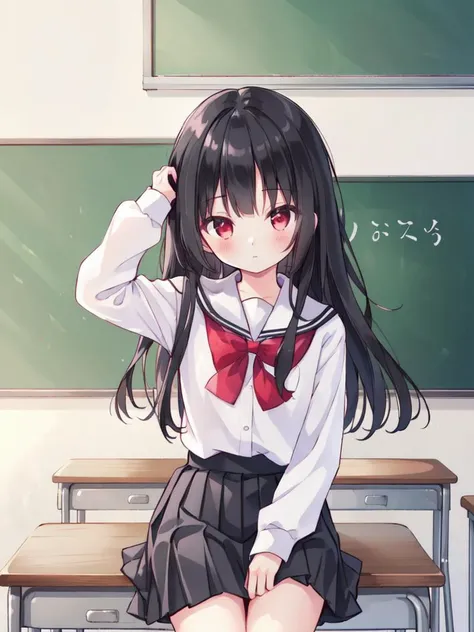 ,(masterpiece),(highres),(high quality),
,(cute girl:1.2),(solo),(skinny), (petite),
,(black hair:1.3),(red eyes),(long hair:1.2),
,(school uniform),(white shirt),(black skirt),
,(school),(classroom),(sakura),
,(looking at viewer),