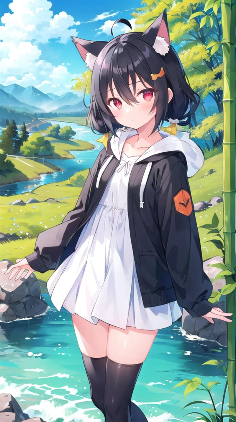 1girl, flat chest, short hair, black hair, ahoge, messy hair, payot, twintails, short twintails, animal ears, animal ear fluff, bat ears, bangs, hair between eyes, bat hair ornament, expressionless, empty eyes, red eyes, glowing eyes, white dress, short dress, pleated skirt, hooded jacket, black jacket, open jacket, open clothes, black hood, hood down, long sleeves, wide sleeves, sleeves past wrists, sleeves past fingers, black thighhighs, zettai ryouiki, boots, black footwear, mountain, river, water, grass, tree, bush, cloud, sky, nature, outdoors, shore, bamboo, rainbow, mist, forest, horizon, bamboo forest, azure water, rushing water, boulders, eddy, swift current, braided river, gorges, sandbar, verdant greens, blue sky, yarlung zangbo river, tibet, masterpiece, best quality, official art, extremely detailed CG unity 8k wallpaper, artbook, yuzu-soft, kobuichi, muririn,