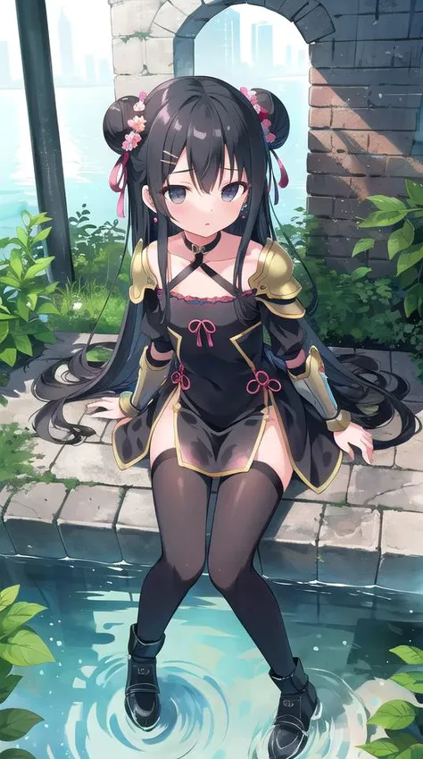 1girl, flat chest, robot girl, collar, black hair, long hair, bangs, hairpin, flower, almond-shaped eyes, empty eyes, black eyes, earrings, double bun, Chinese dress, hanfu, black dress, armored dress, armor, shoulder armor, leg armor, sidelocks, black thighhighs, kung fu shoes, black footwear, brick, damp, dank, darkness, murky water, narrow passage, pipe, shadows, sewer, trickling water, tunnel, underground, gray bricks, masterpiece, best quality, official art, extremely detailed CG unity 8k wallpaper, artbook, yuzu-soft, kobuichi, muririn,