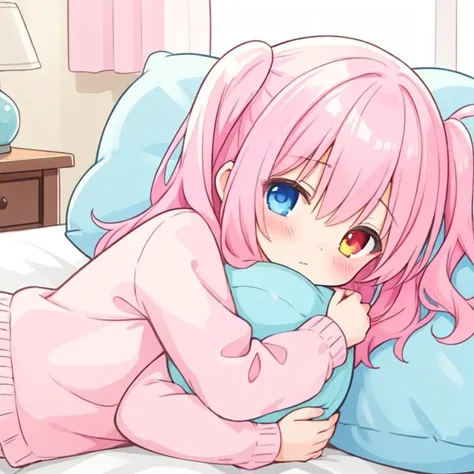 beautiful illustration, best quality, cute girl, bedroom, hugging pillow, pink hair, two side up, sleepy, heterochromia,