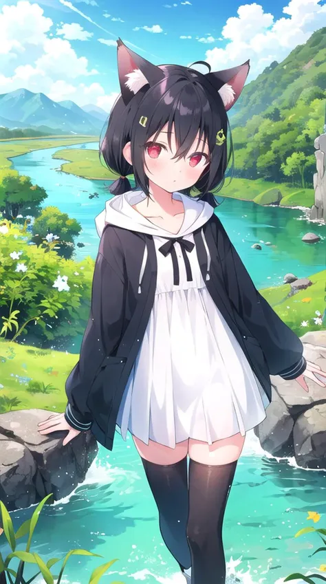 1girl, flat chest, short hair, black hair, ahoge, messy hair, payot, twintails, short twintails, animal ears, animal ear fluff, bat ears, bangs, hair between eyes, bat hair ornament, expressionless, empty eyes, red eyes, glowing eyes, white dress, short dress, pleated skirt, hooded jacket, black jacket, open jacket, open clothes, black hood, hood down, long sleeves, wide sleeves, sleeves past wrists, sleeves past fingers, black thighhighs, zettai ryouiki, boots, black footwear, mountain, river, water, grass, tree, bush, cloud, sky, nature, outdoors, shore, bamboo, rainbow, mist, forest, horizon, bamboo forest, azure water, rushing water, boulders, eddy, swift current, braided river, gorges, sandbar, verdant greens, blue sky, yarlung zangbo river, tibet, masterpiece, best quality, official art, extremely detailed CG unity 8k wallpaper, artbook, yuzu-soft, kobuichi, muririn,