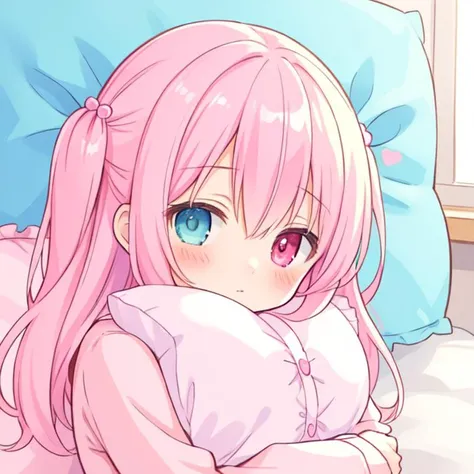 beautiful illustration, best quality, cute girl, bedroom, hugging pillow, pink hair, two side up, sleepy, heterochromia,