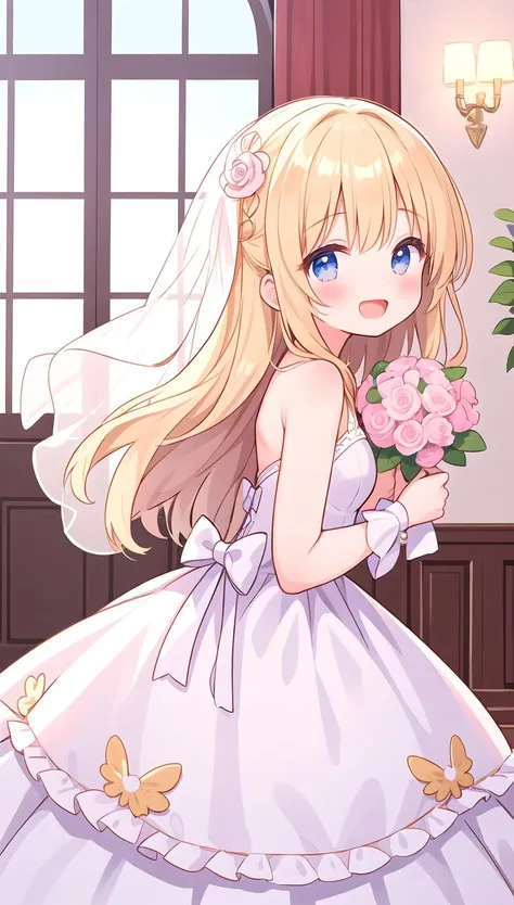 beautiful illustration, best quality, cute girl, from side, wedding dress, long hair, happy, open mouth