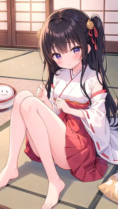 beautiful illustration, best quality, cute girl, japanese room, tatami, miko, red hakama, bare legs, straight hair, hair black hair, thigh, blush,