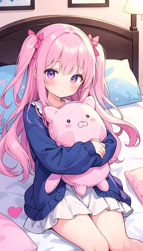 beautiful illustration, best quality, cute girl, bedroom, hugging pillow, pink hair, two side up,