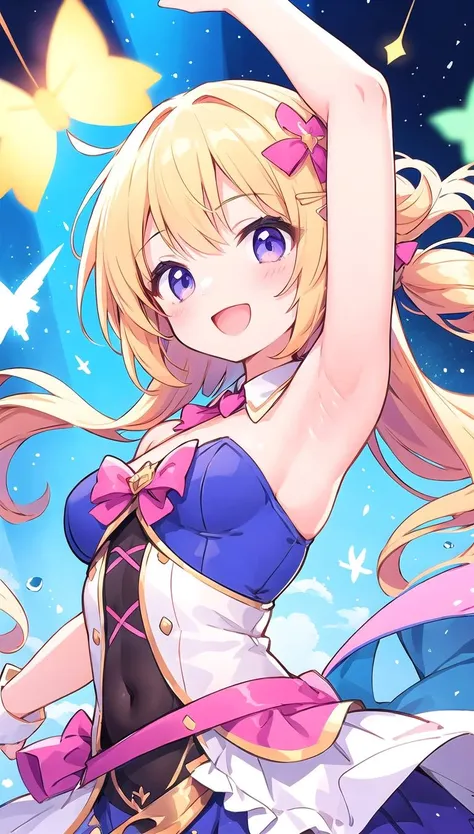 beautiful illustration, best quality, cute girl, happy, dynamic angle, armpit