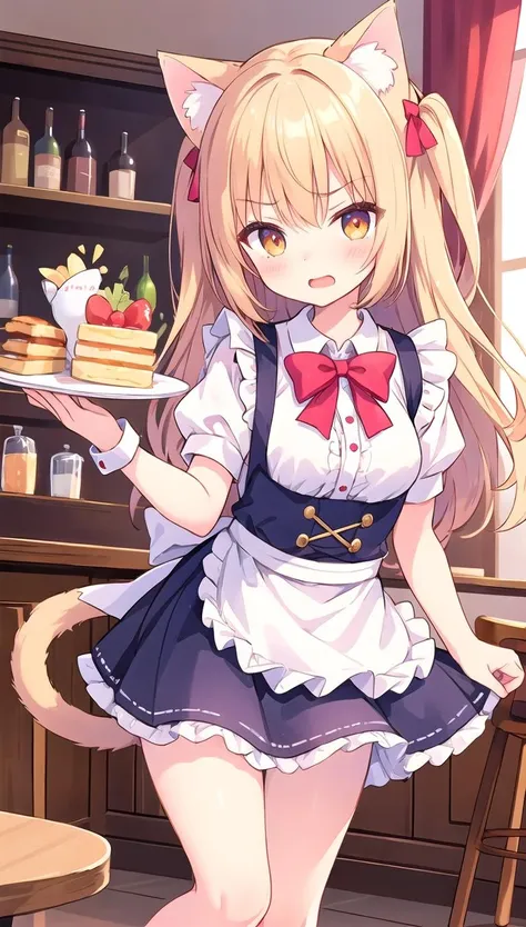 beautiful illustration, best quality, cute girl, waitress, apron dress, (cat ears), open mouth, (angly:0.9), gold eyes, thigh, mini skirt frilled