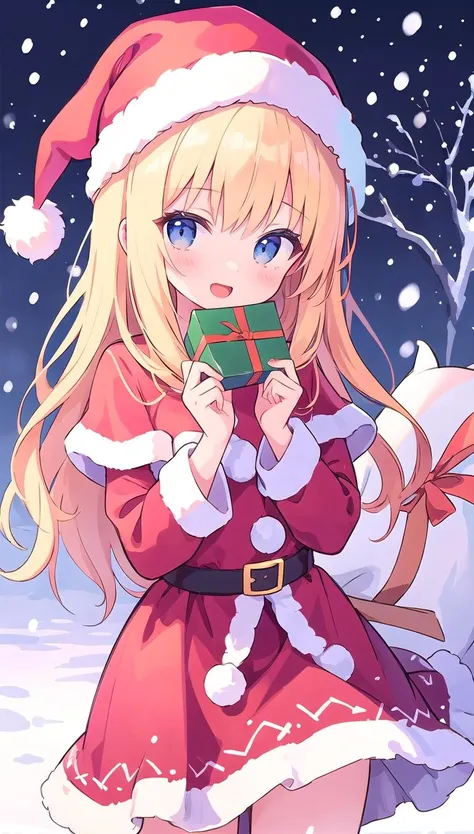 beautiful illustration, best quality, cute girl, santa, snowing