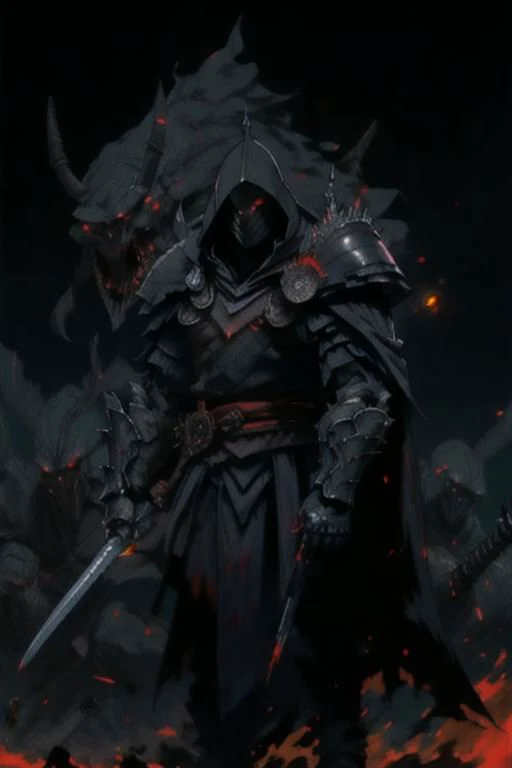 full body warrior of darkness in black cloth armor clad in shadow dark mist has red eyes with a thing red mist running from the side of his eyes upwards masked face wielding a stylized katana angrey look blood stained cape right shoulder on black fire cloth mask revealing angrey eyes, with huge red and black angle wings,
standing behind huge golden gates