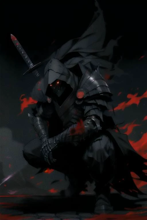 full body warrior of darkness in black cloth armor clad in shadow dark mist has red eyes with a thing red mist running from the side of his eyes upwards masked face wielding a stylized katana angrey look blood stained cape right shoulder on black fire cloth mask revealing angrey eyes, with huge red and black