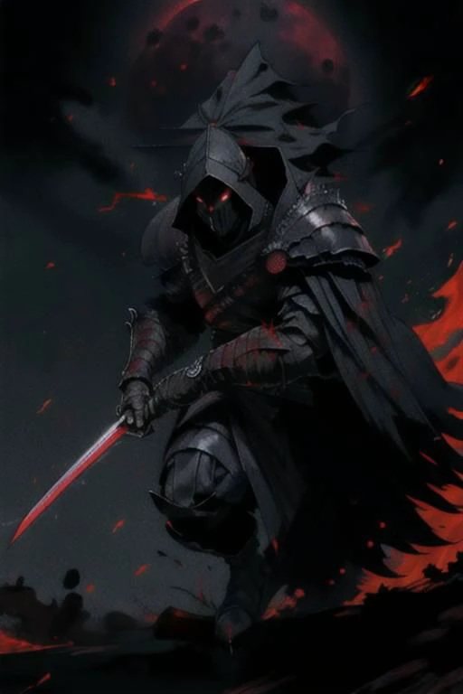 full body warrior of darkness in black cloth armor clad in shadow dark mist has red eyes with a thing red mist running from the side of his eyes upwards masked face wielding a stylized katana angrey look blood stained cape right shoulder on black fire cloth mask revealing angrey eyes, with huge red and black
, blood moon