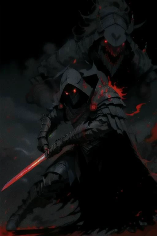 full body warrior of darkness in black cloth armor clad in shadow dark mist has red eyes with a thing red mist running from the side of his eyes upwards masked face wielding a stylized katana angrey look blood stained cape right shoulder on black fire cloth mask revealing angrey eyes, with huge red and black
, blood moon