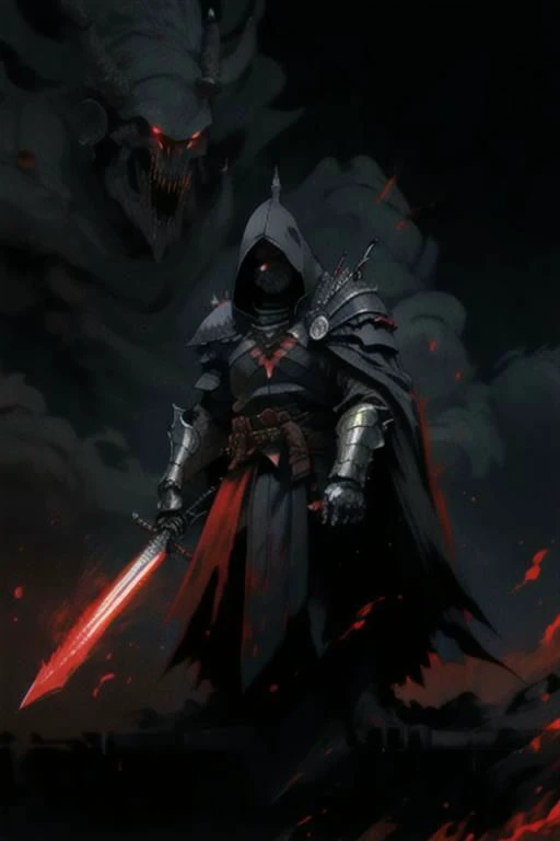 full body warrior of darkness in black cloth armor clad in shadow dark mist has red eyes with a thing red mist running from the side of his eyes upwards masked face wielding a stylized katana angrey look blood stained cape right shoulder on black fire cloth mask revealing angrey eyes, with huge red and black angle wings,
standing behind huge golden gates