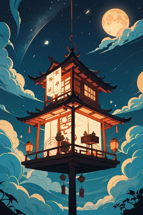 magical tea house, oriental design, hanging lanterns, candlelight lampposts, full moon, clouds, stars, highres, colorful, flat color,