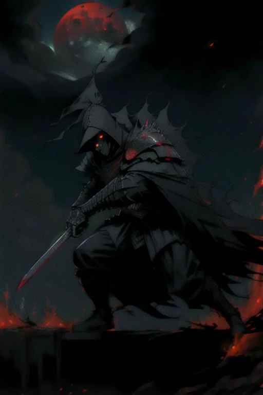 full body warrior of darkness in black cloth armor clad in shadow dark mist has red eyes with a thing red mist running from the side of his eyes upwards masked face wielding a stylized katana angrey look blood stained cape right shoulder on black fire cloth mask revealing angrey eyes, with huge red and black
, blood moon