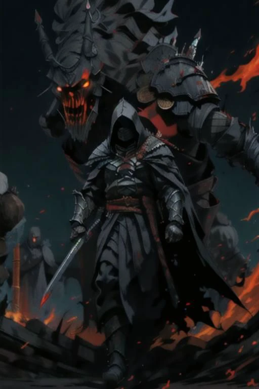 full body warrior of darkness in black cloth armor clad in shadow dark mist has red eyes with a thing red mist running from the side of his eyes upwards masked face wielding a stylized katana angrey look blood stained cape right shoulder on black fire cloth mask revealing angrey eyes, with huge red and black angle wings,
standing behind huge golden gates