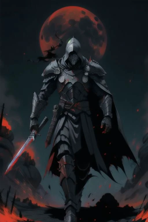 full body warrior of darkness in black cloth armor clad in shadow dark mist has red eyes with a thing red mist running from the side of his eyes upwards masked face wielding a stylized katana angrey look blood stained cape right shoulder on black fire cloth mask revealing angrey eyes, riding a xenomorph, massive blood moon in back ground