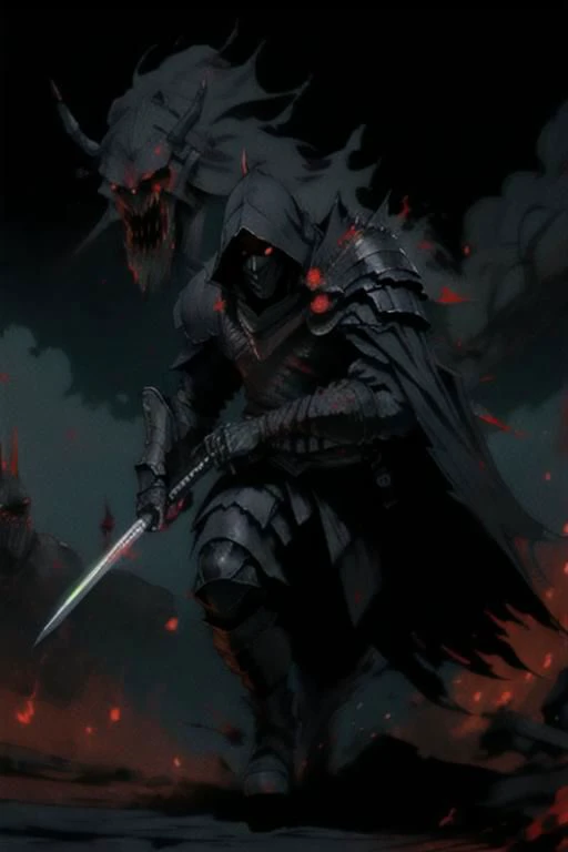 full body warrior of darkness in black cloth armor clad in shadow dark mist has red eyes with a thing red mist running from the side of his eyes upwards masked face wielding a stylized katana angrey look blood stained cape right shoulder on black fire cloth mask revealing angrey eyes, with huge red and black
, blood moon