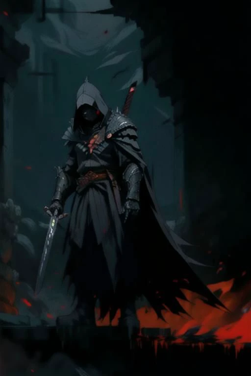 full body warrior of darkness in black cloth armor clad in shadow dark mist has red eyes with a thing red mist running from the side of his eyes upwards masked face wielding a stylized katana angrey look blood stained cape right shoulder on black fire cloth mask revealing angrey eyes, with huge red and black angle wings,
standing behind huge golden gates