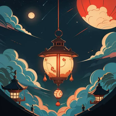 cyberpunk, magical tea house, oriental design, hanging lanterns, candlelight lampposts, full moon, clouds, stars, highres, colorful, flat color,