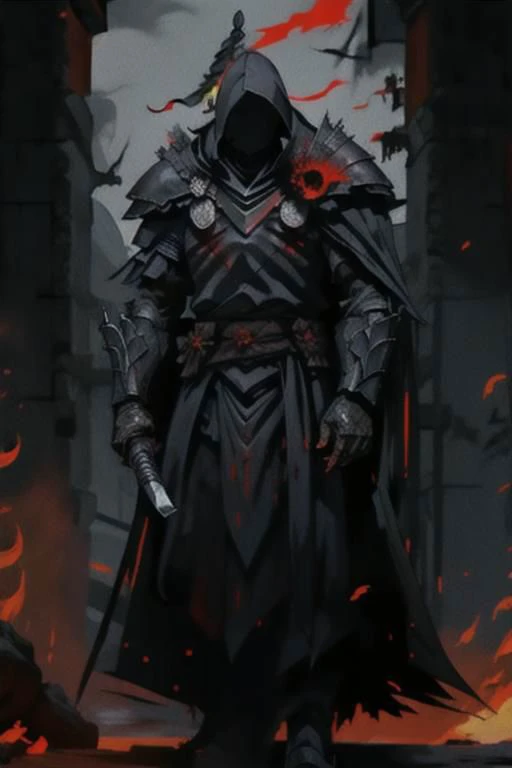 full body warrior of darkness in black cloth armor clad in shadow dark mist has red eyes with a thing red mist running from the side of his eyes upwards masked face wielding a stylized katana angrey look blood stained cape right shoulder on black fire cloth mask revealing angrey eyes, with huge red and black angle wings,
standing behind huge golden gates
