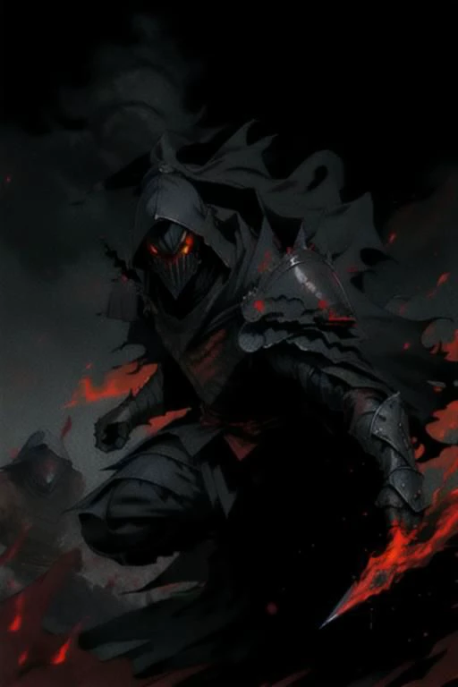 full body warrior of darkness in black cloth armor clad in shadow dark mist has red eyes with a thing red mist running from the side of his eyes upwards masked face wielding a stylized katana angrey look blood stained cape right shoulder on black fire cloth mask revealing angrey eyes, with huge red and black
, blood moon